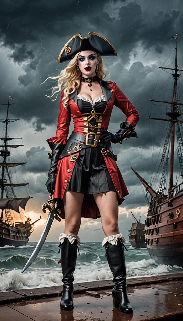 Harley Quinn Pirate Pinup in Ship Battle