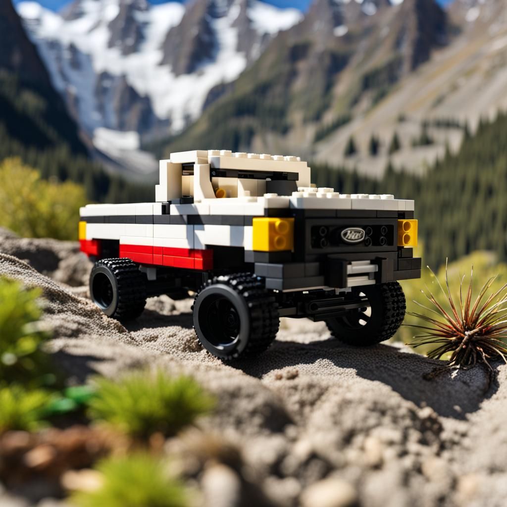 A Lego ford f150 in the mountains