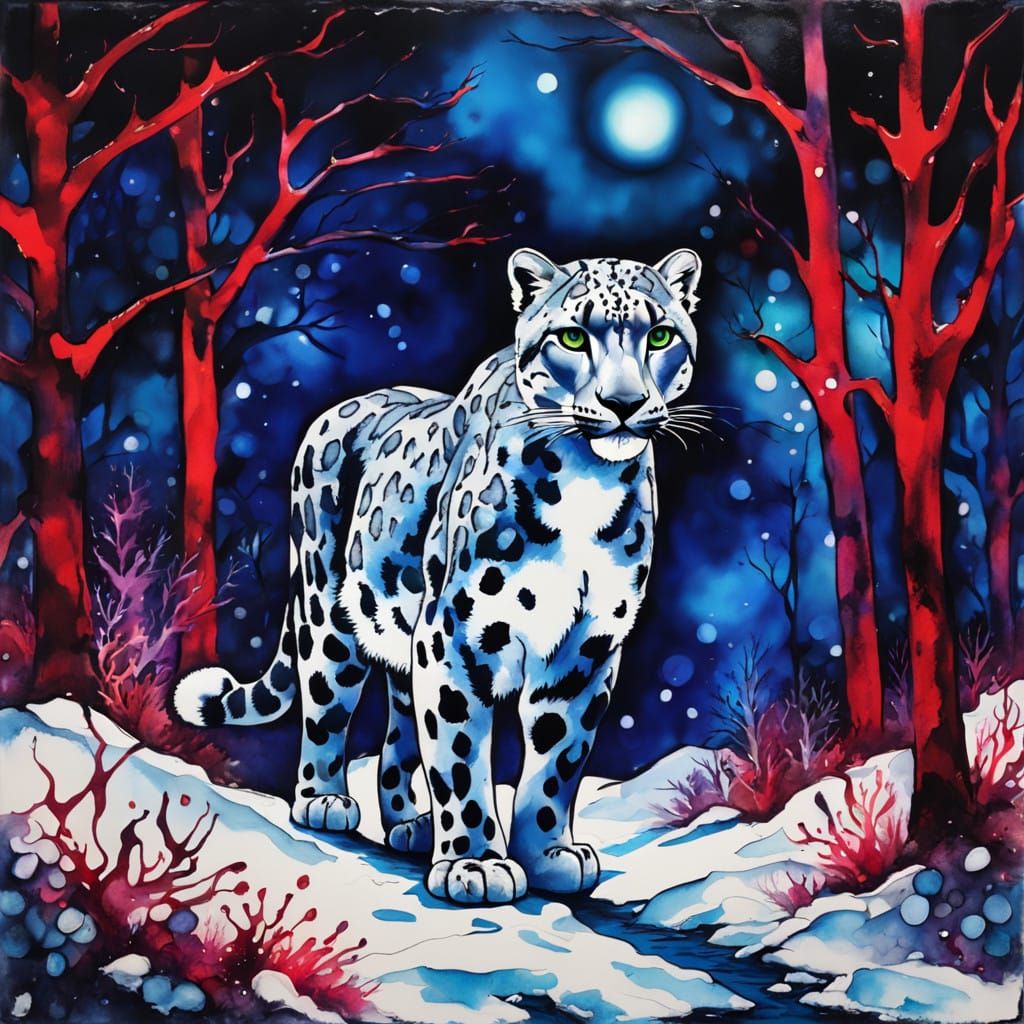 Surreal Snow Leopard Strides Through Mystical Woods in Vibra...