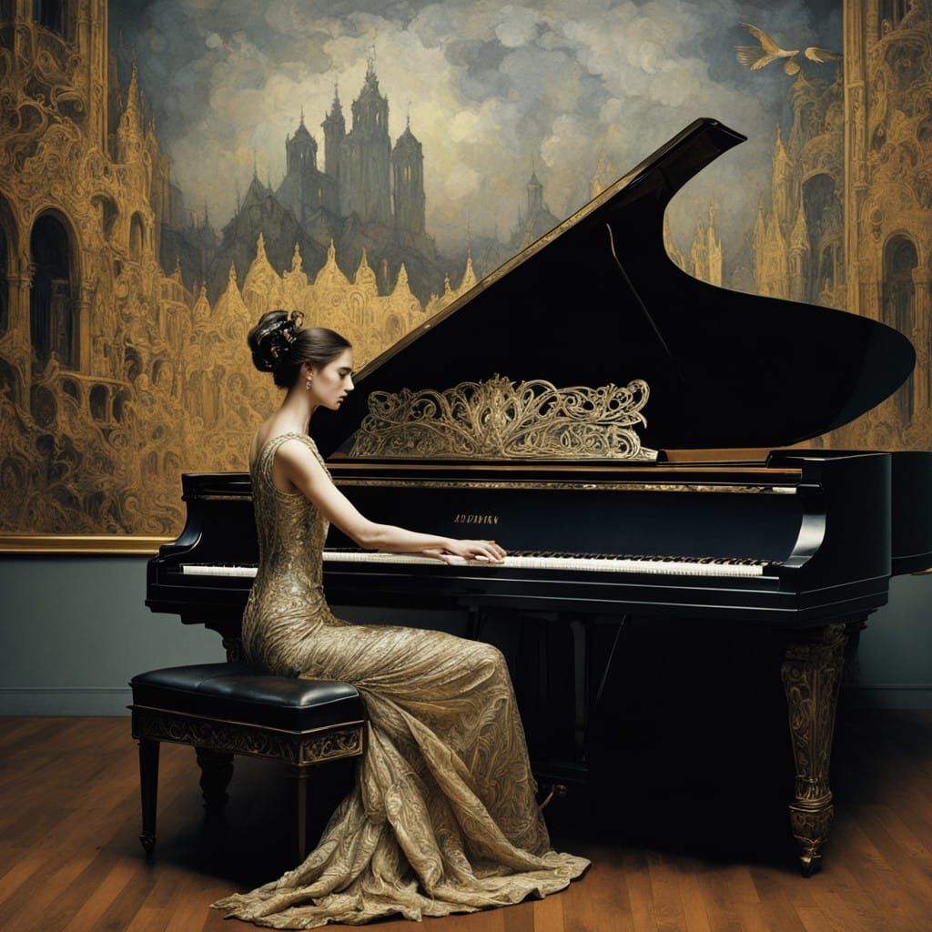 Elegant Woman Plays Piano with Majestic Parrot