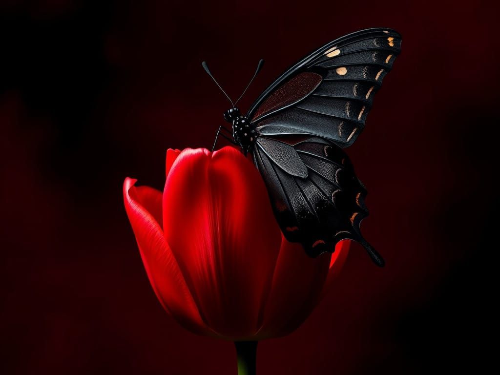Dark Art Butterfly Silhouette on Deep Red Tulip