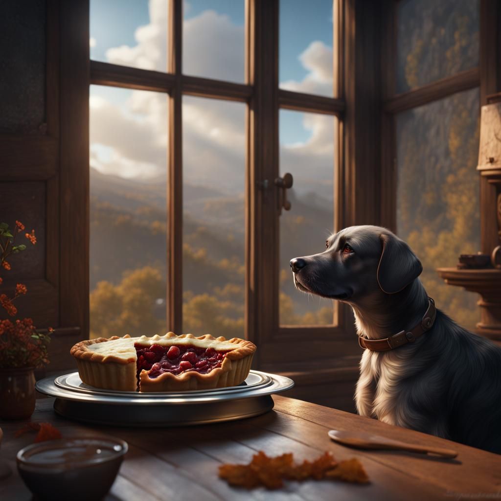 Dog Gazing Out Window with Pie