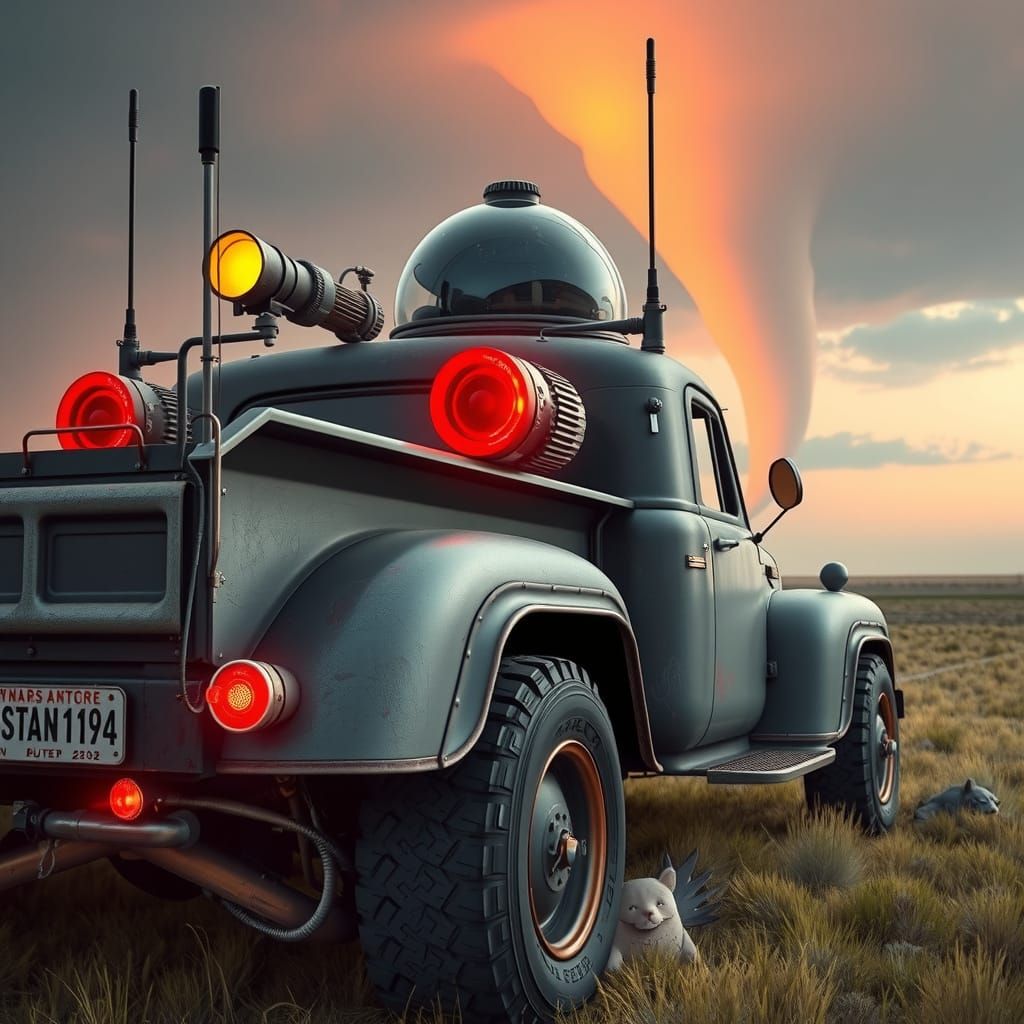 Futuristic Custom Vehicle Chasing Tornado, Digital Art