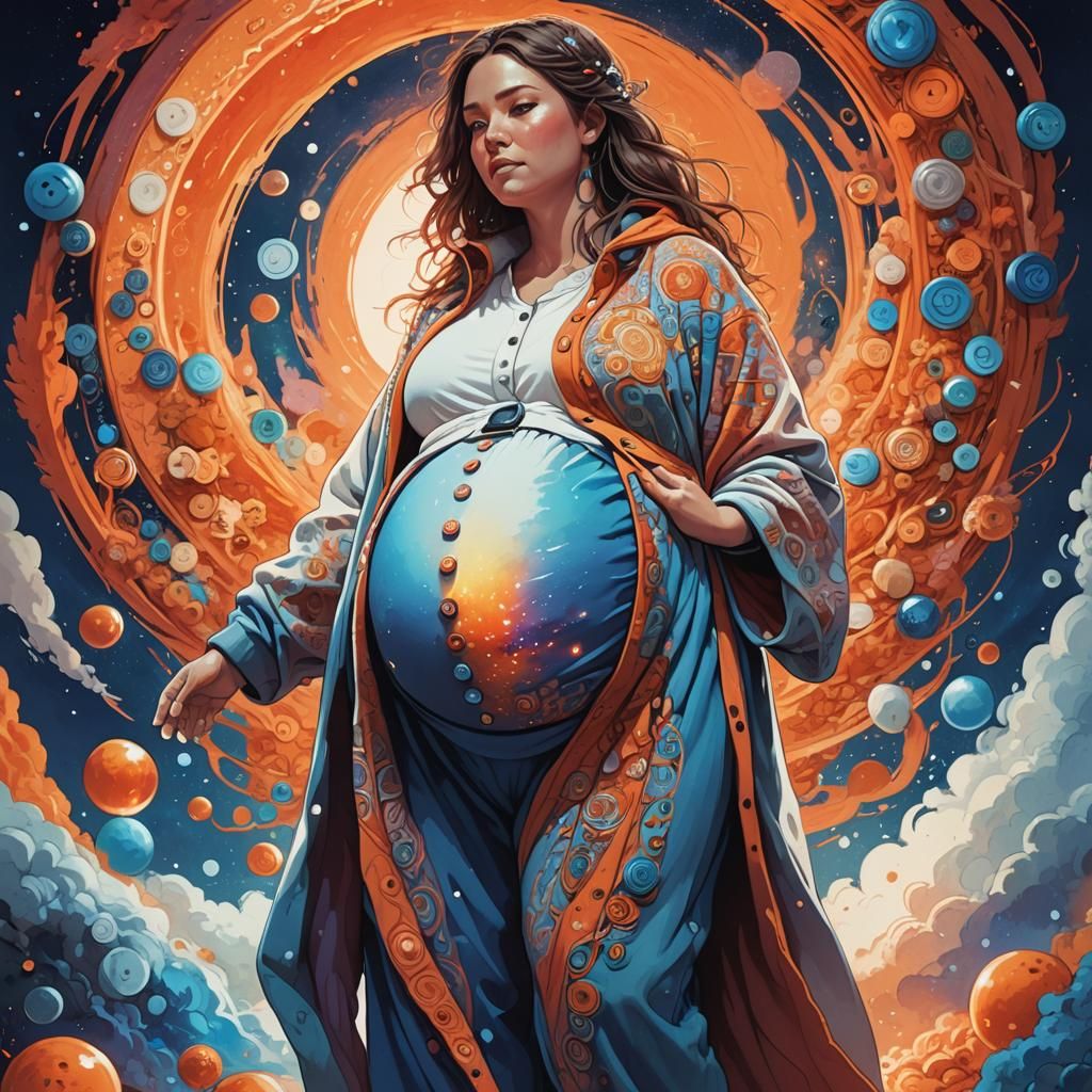 Pregnant Woman in Fleece Jumpsuit: Fantasy Concept Art