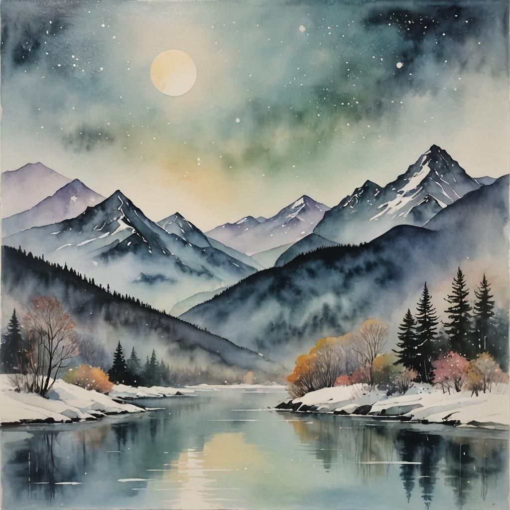 Misty Mountain in Abstract Watercolor Style