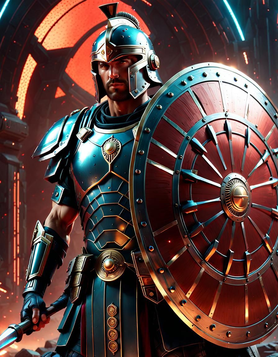 Futuristic Roman Soldier with Shield in Sci-Fi Art