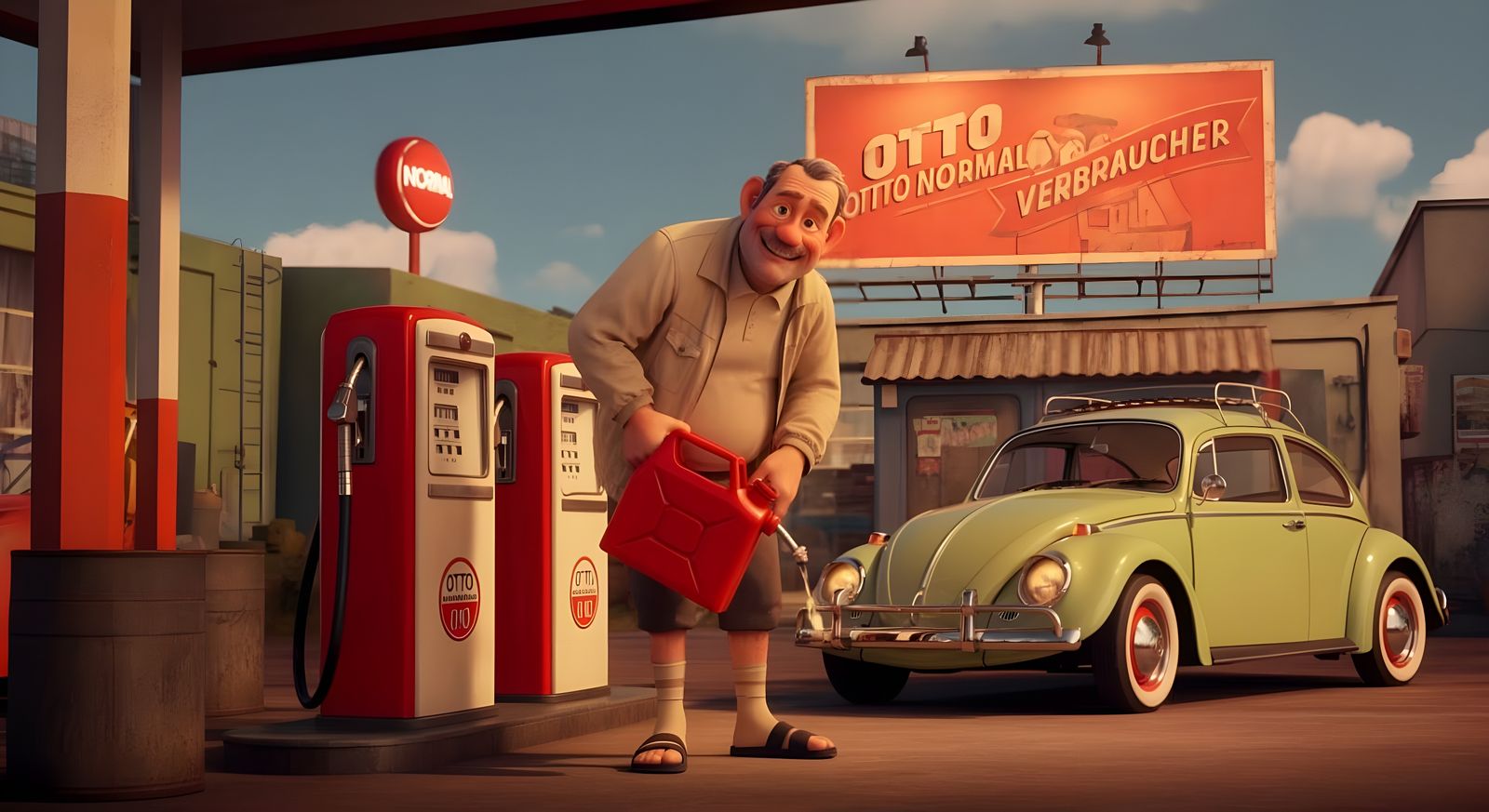 Retro Gas Station Scene in Pixar Style
