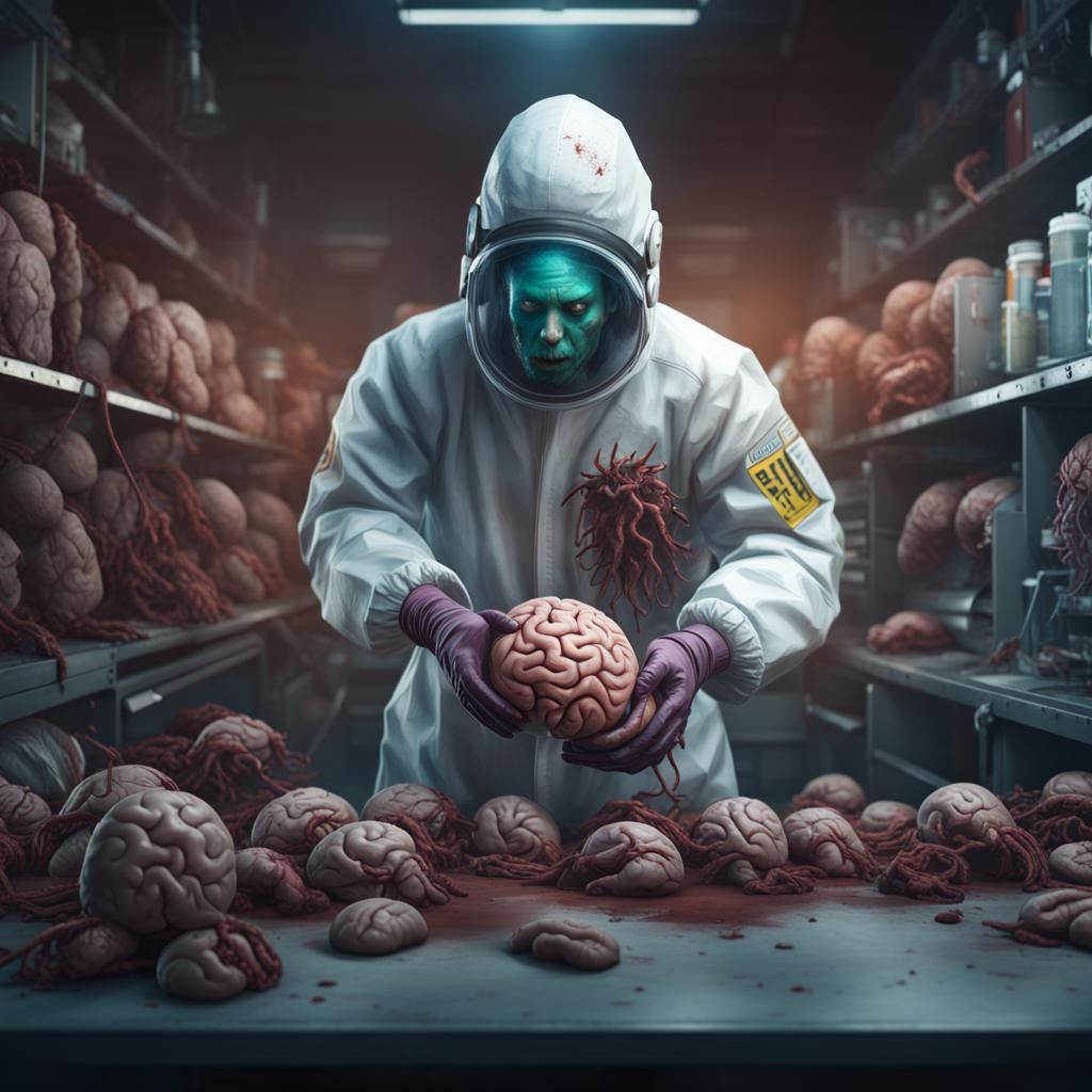 Hazmat Scientist Collecting Zombie Brain: Detailed Matte Pai...
