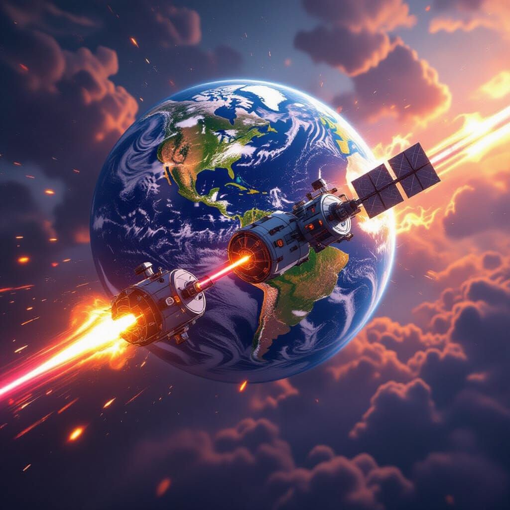 Satellites Exchange Laser Fire Against Burning Earth