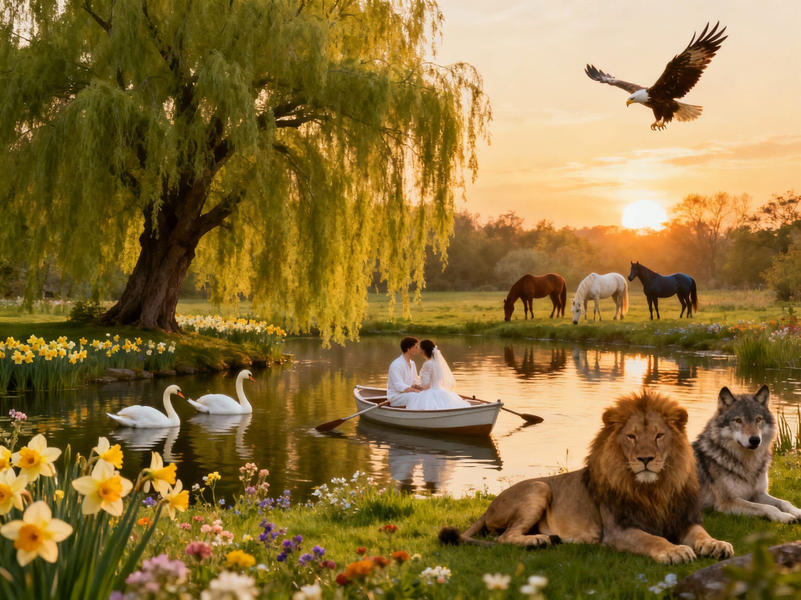Serene Pond Scene with Willow Tree and Wildlife