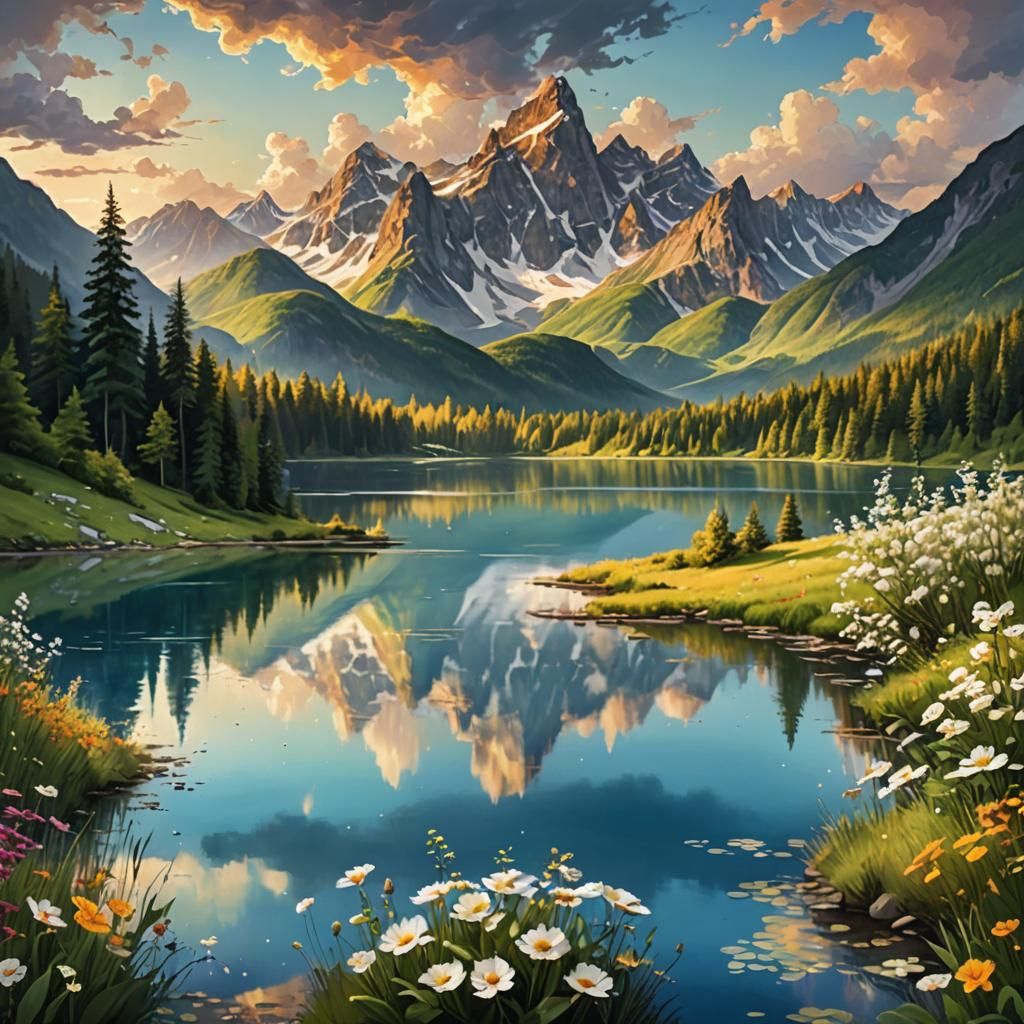 Serene Mountain Lake Landscape in Golden Light
