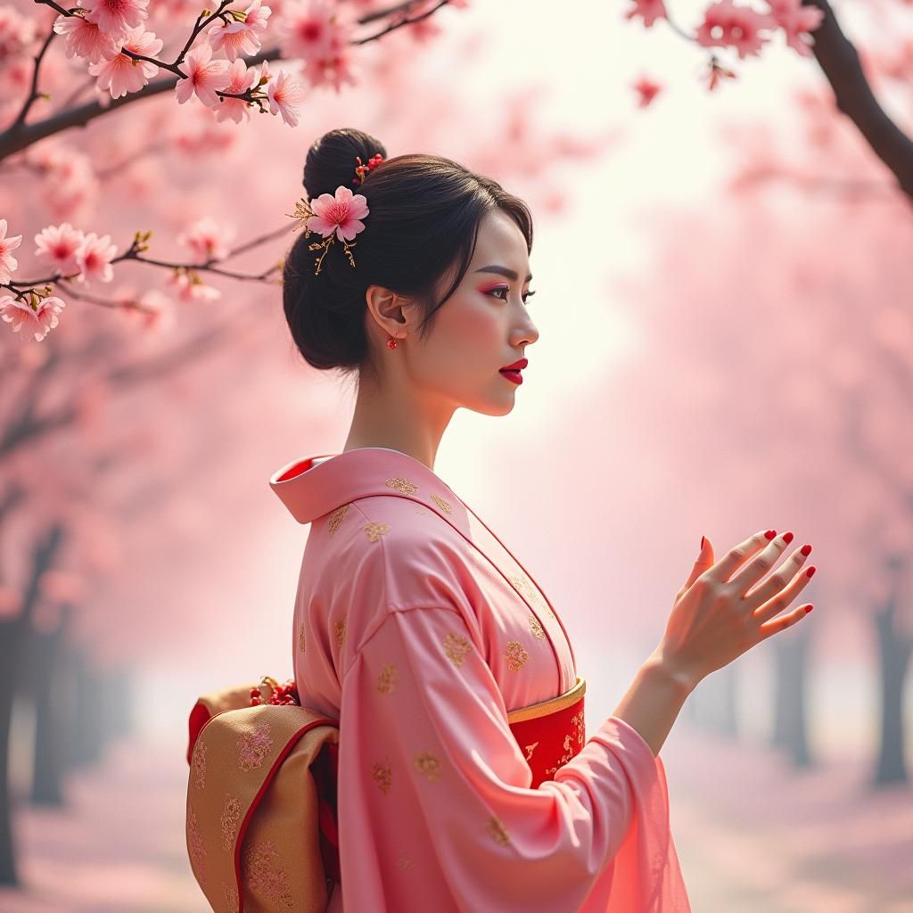 Kimono-Clad Woman Amidst Cherry Blossoms, Ethereal Style