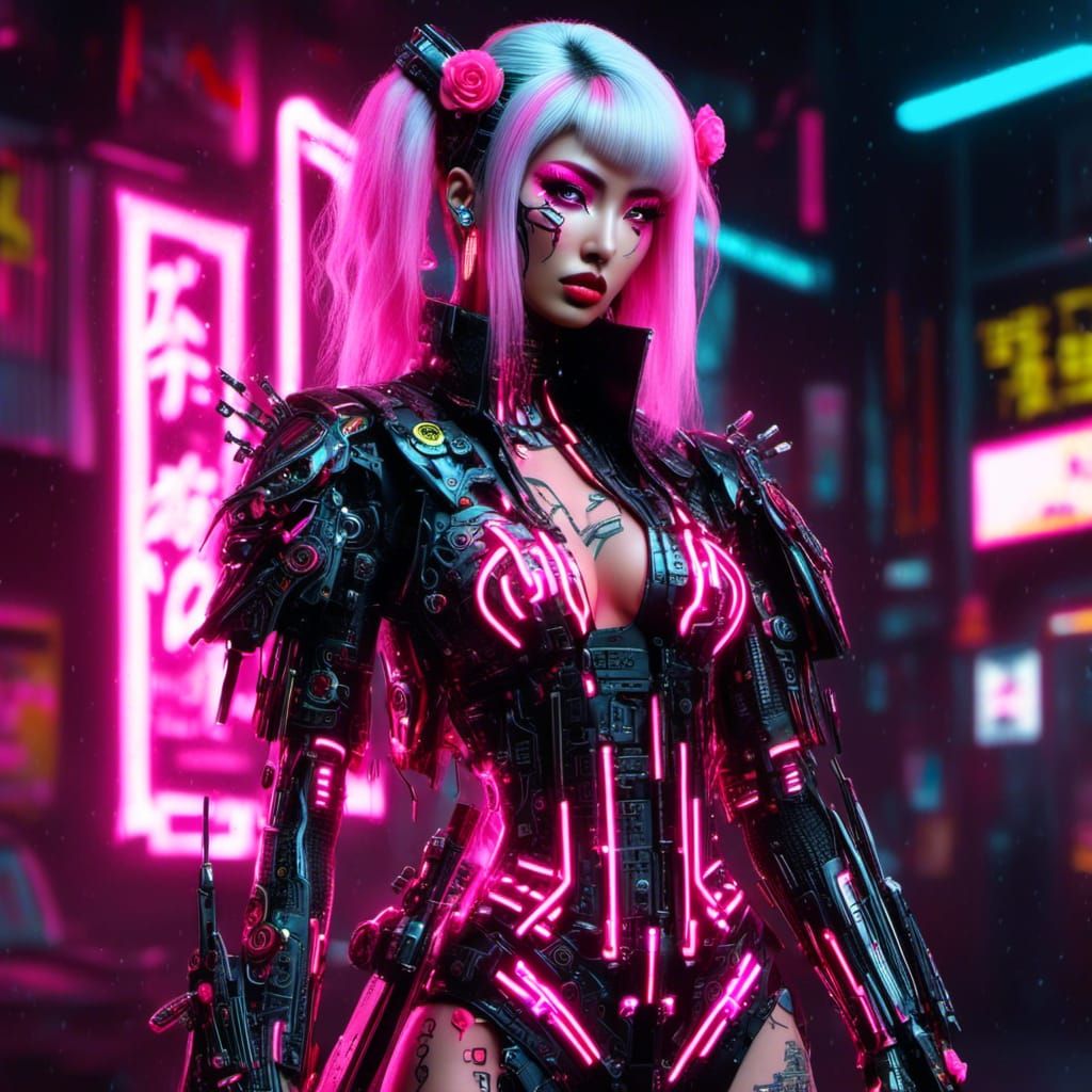 Cyberpunk Geisha Assassin in Neon City
