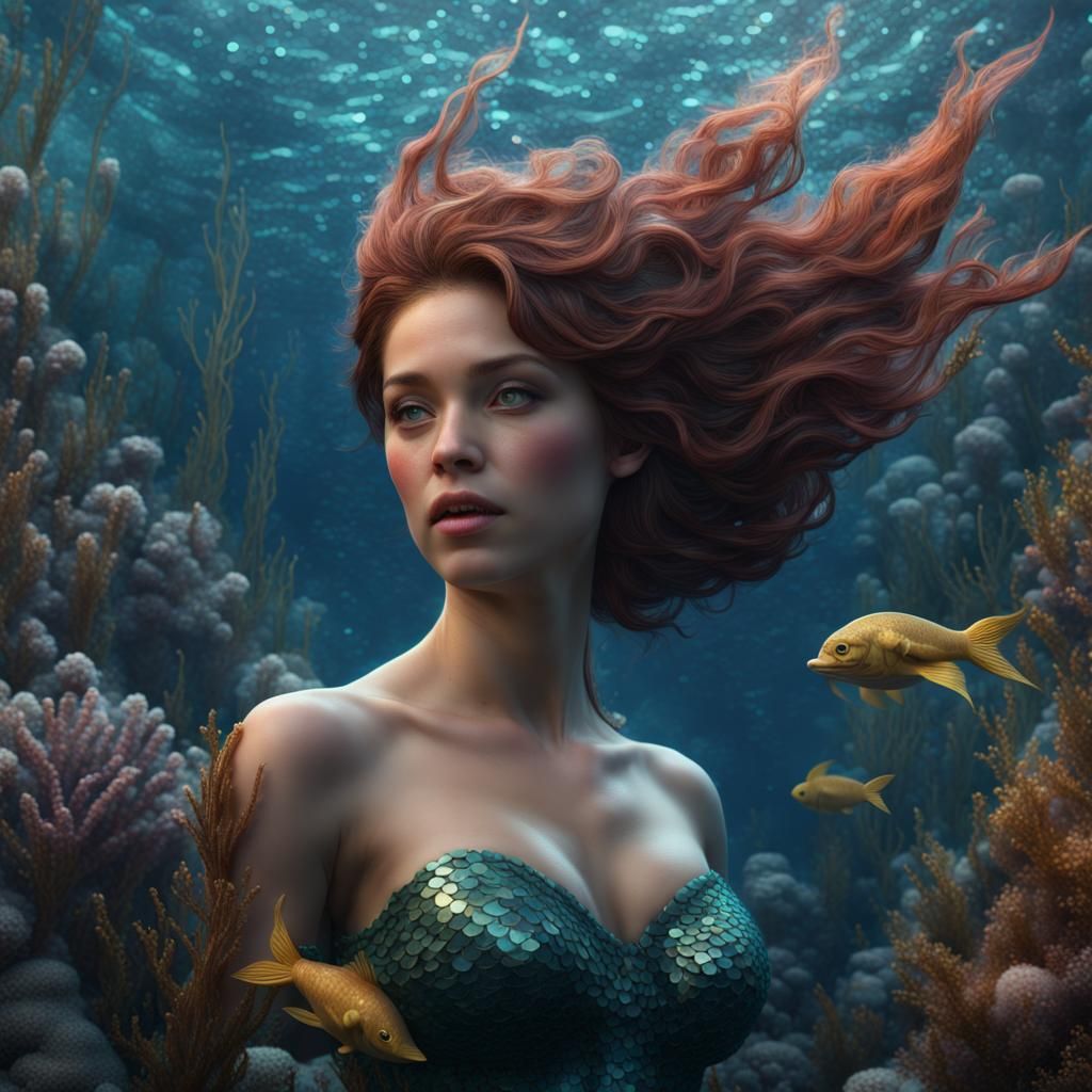 Underwater Mermaid Mosaic Portrait in Detailed Matte Style