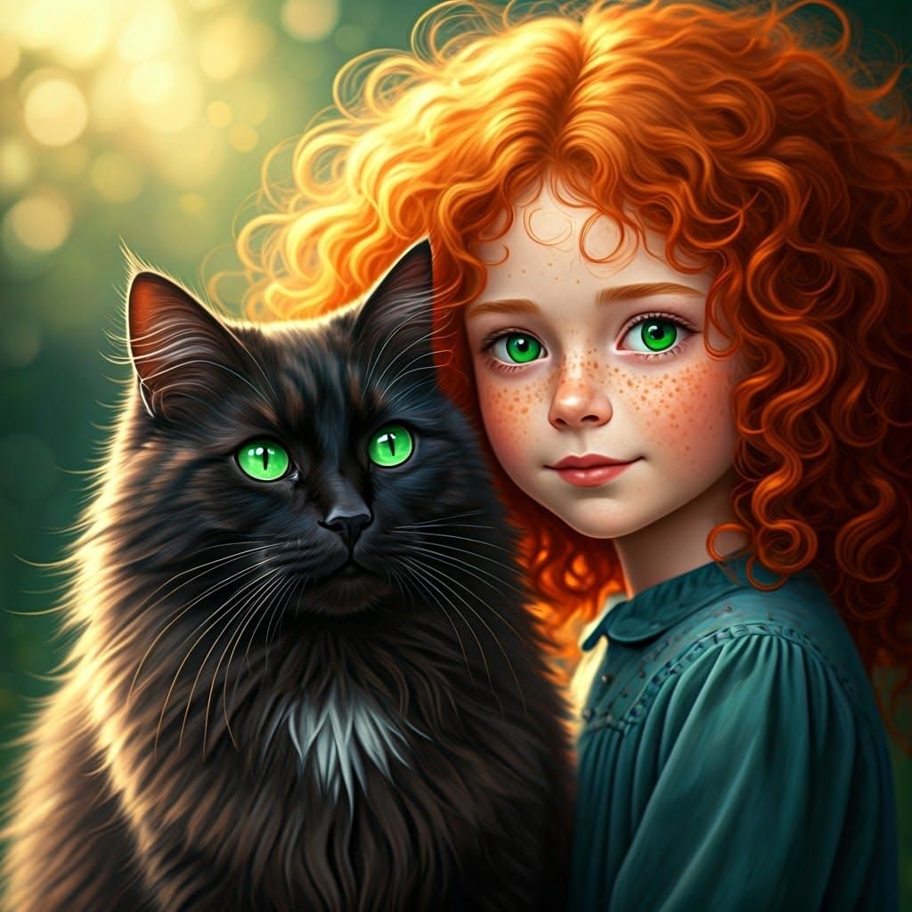 Whimsical Girl and Majestic Black Cat in Soft, Golden Light