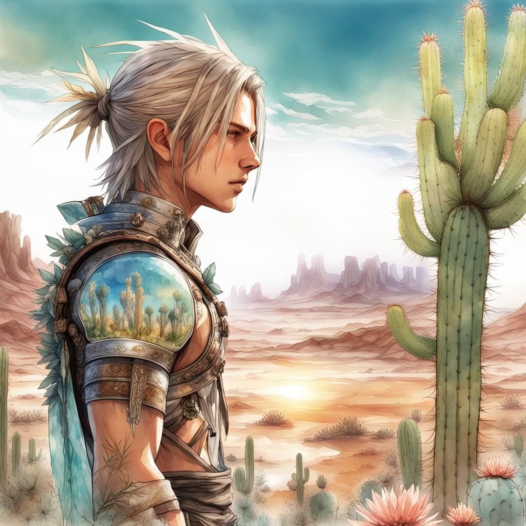 Vaan and the Blooming Cactus: Watercolor Desert Sunrise