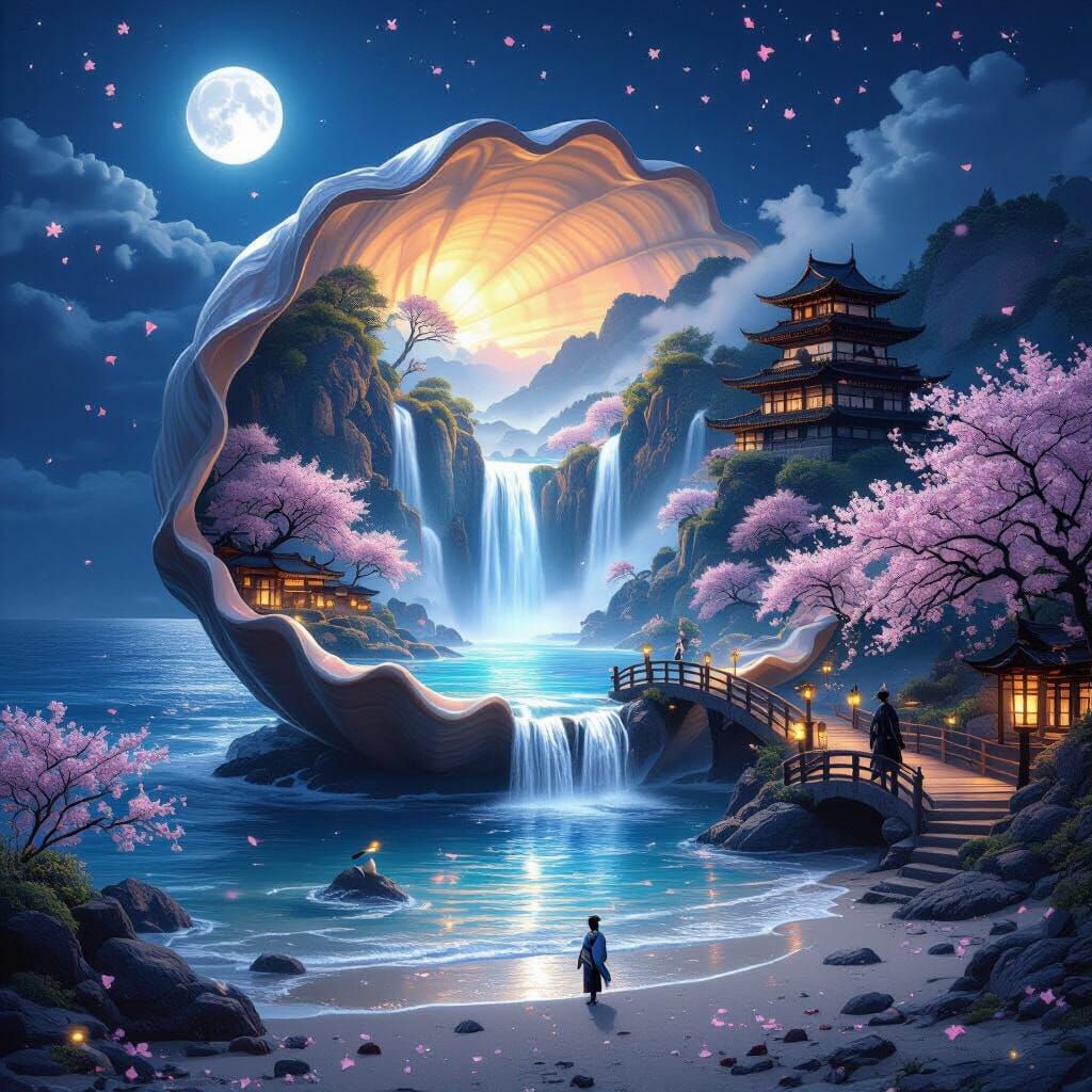 Giant Seashell Reveals Magical World on Moonlit Beach