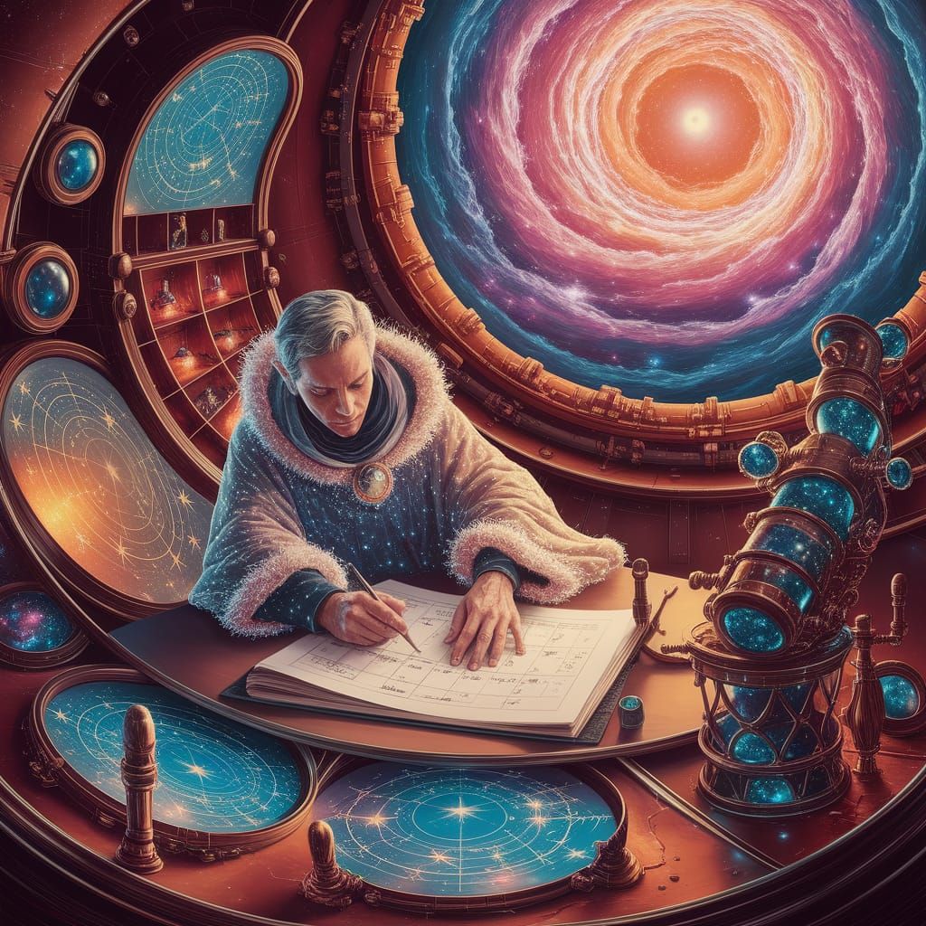 Celestial Cartographer in Nebula Observatory, Art Nouveau St...