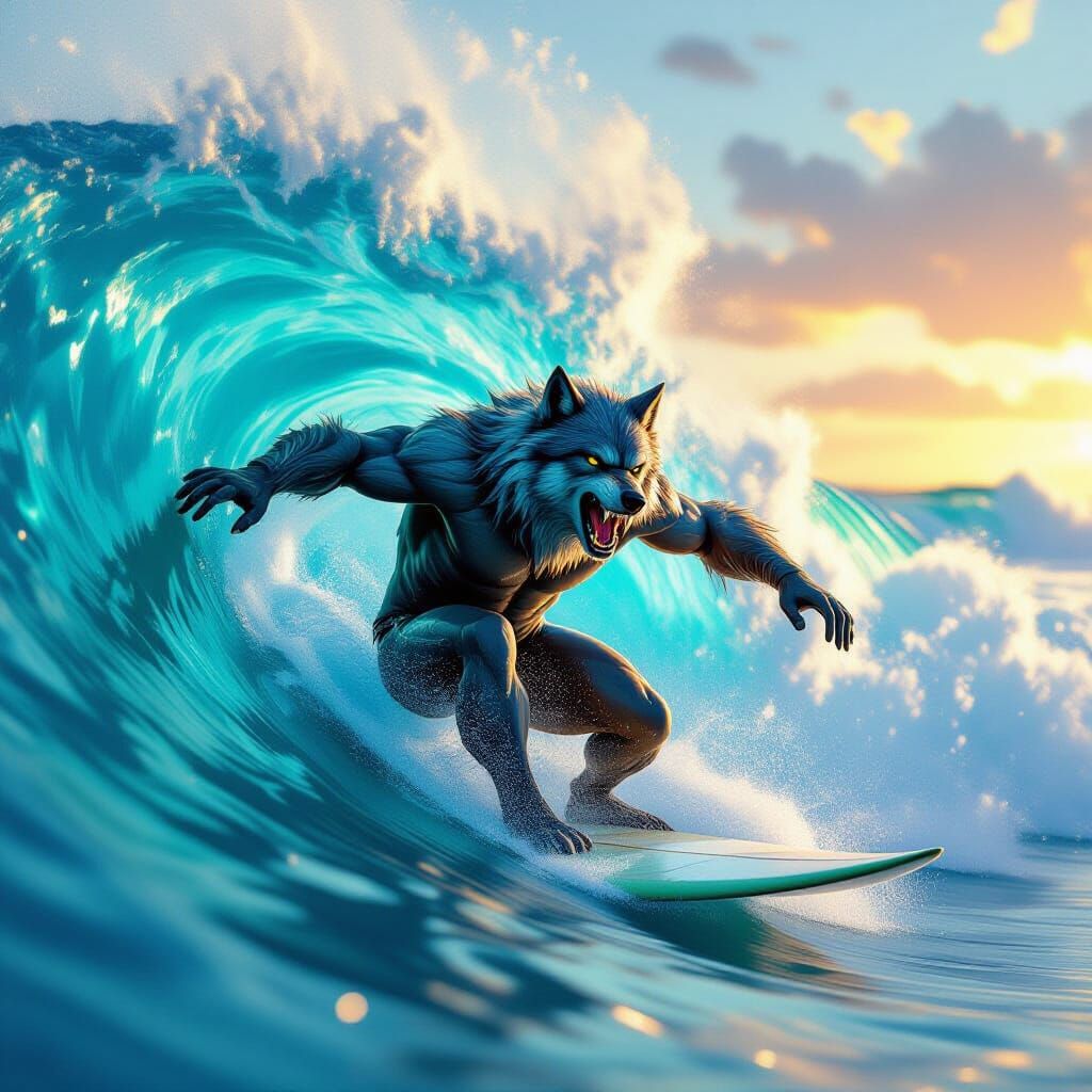 Wolfman Surfer Howling in Triumph at Golden Hour