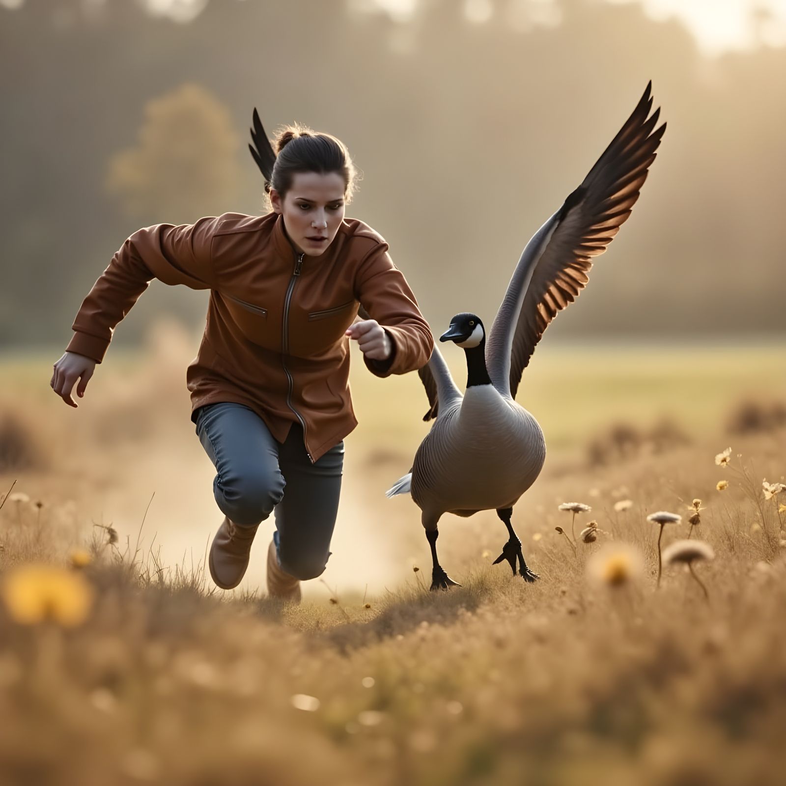 A Person Fleeing from a Vengeful Goose in Vivid Color
