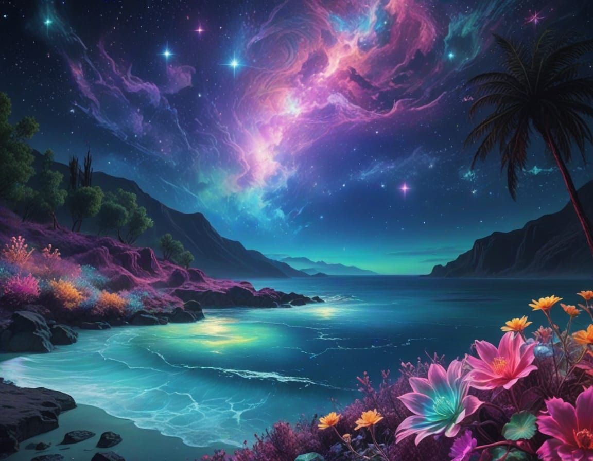 Surreal Beachscape with Glowing Cosmic Aura and Vibrant Nigh...