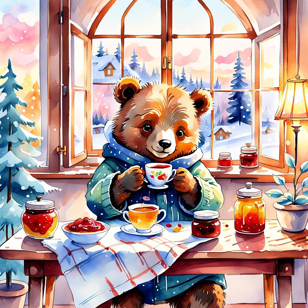 Whimsical Watercolor Bear Cub Sips Tea in Cozy Winter Wonder...