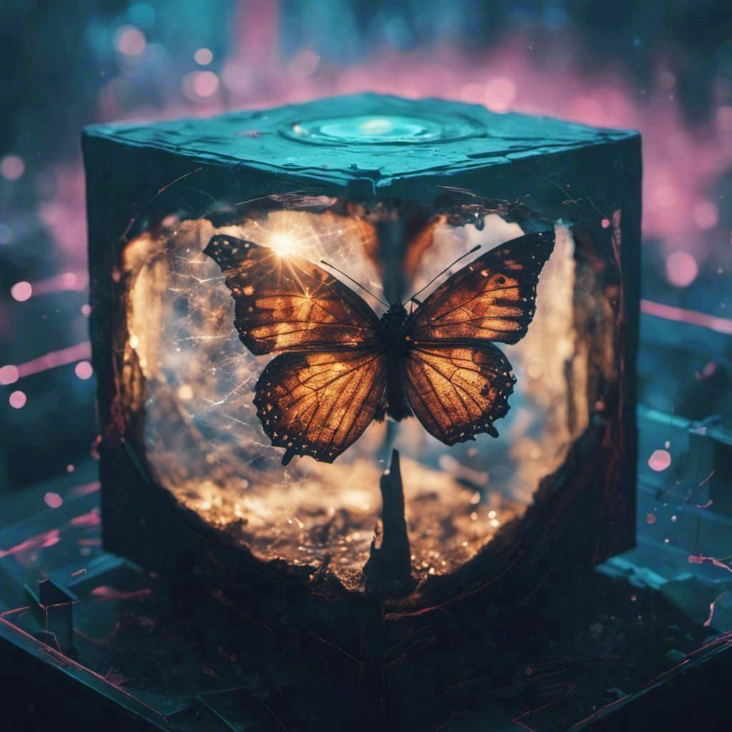 Butterfly in Cracked Glass Cube with God Rays