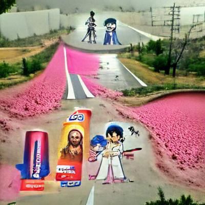 Surreal Pink Road Scene with Unlikely Characters