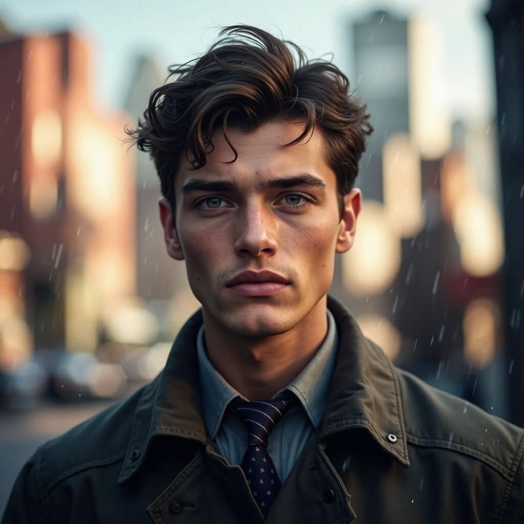 Intense Investigator in Rainy City Street