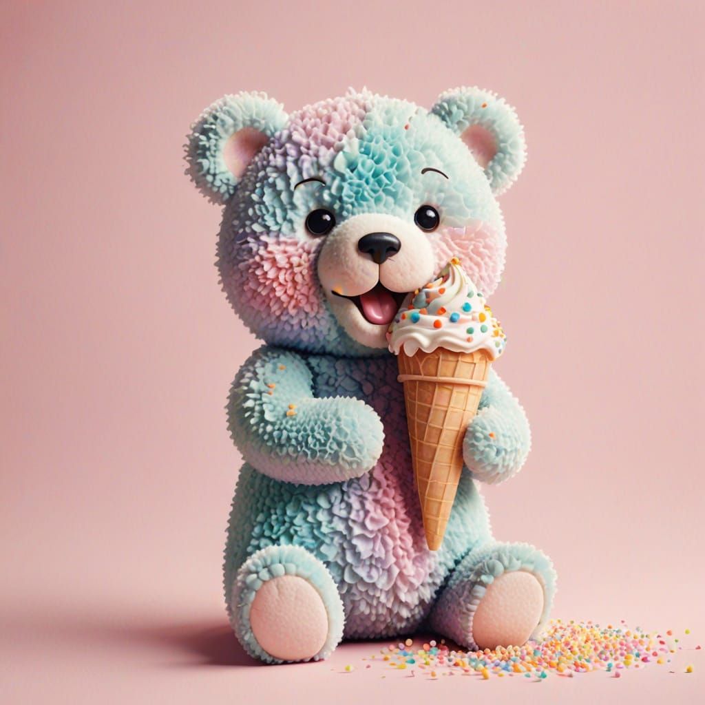 Teddy Bear Eating Ice Cream Cone in Cartoon Style