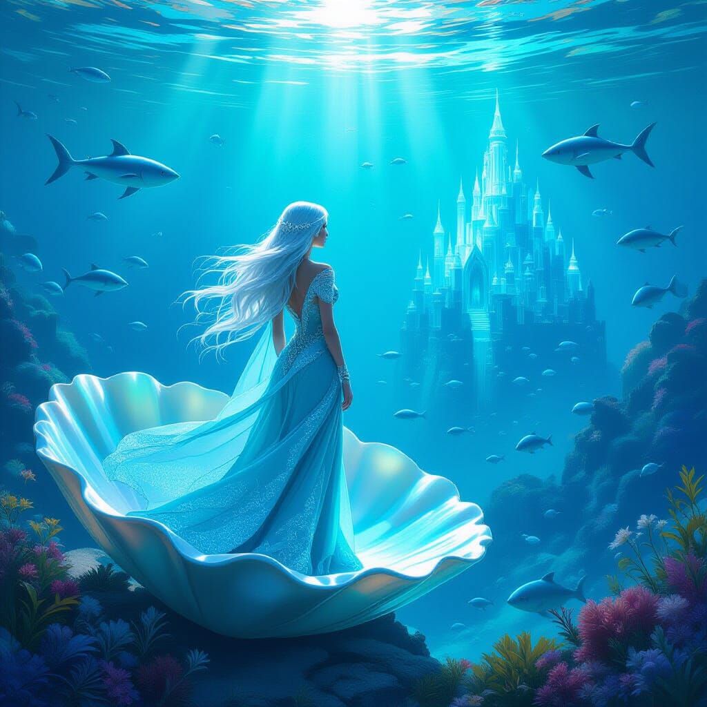 Ethereal Woman on Shell in Surreal Underwater World