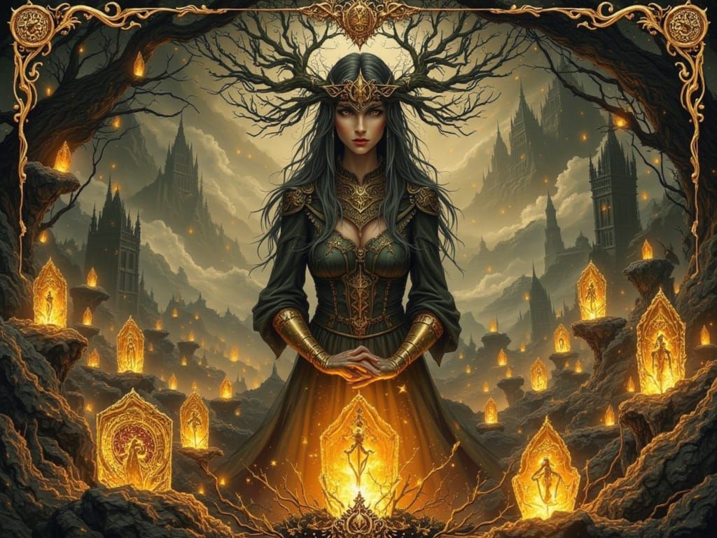 Celtic Priestess Amidst Glowing Runes in Dark Fantasy Art