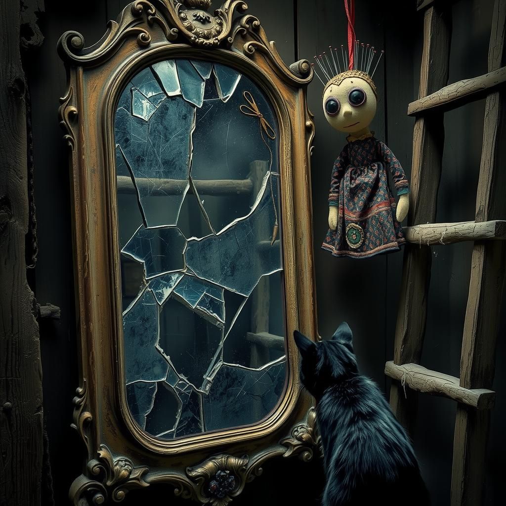 Black Cat and Voodoo Doll in Surreal Art Style