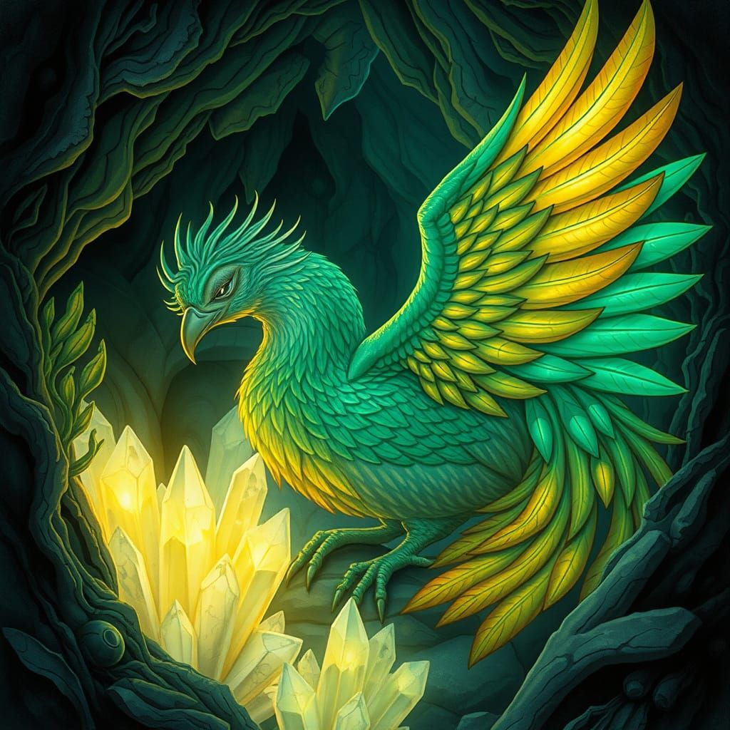 Emerald Phoenix Resting in Grotto: Art Nouveau Style