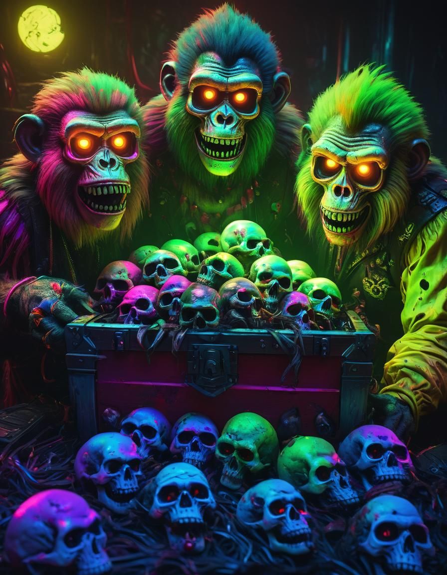 Neon Zombie Monkey Clowns Discover a Glowing Chest of Colorf...