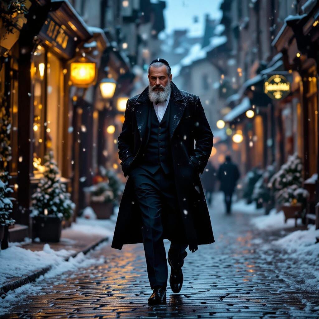 Jewish Businessman Rushing Through Snowy European Town