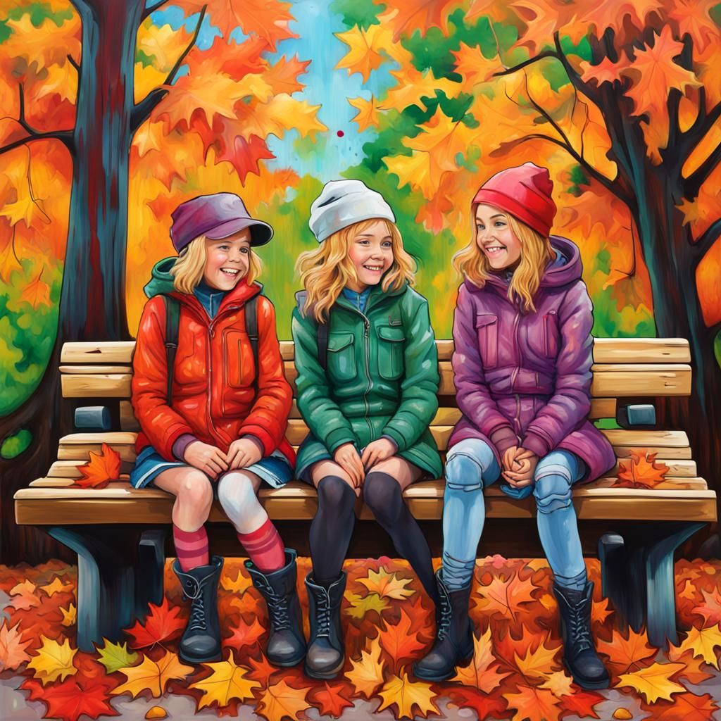 Women Holding Hands in Autumn Park, Digital Art