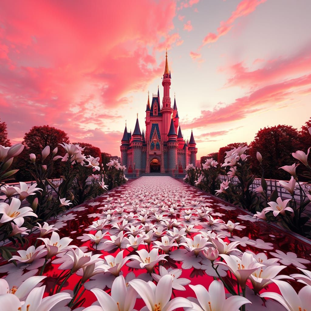 Red Disney Castle at Sunset with Infinite Lilies