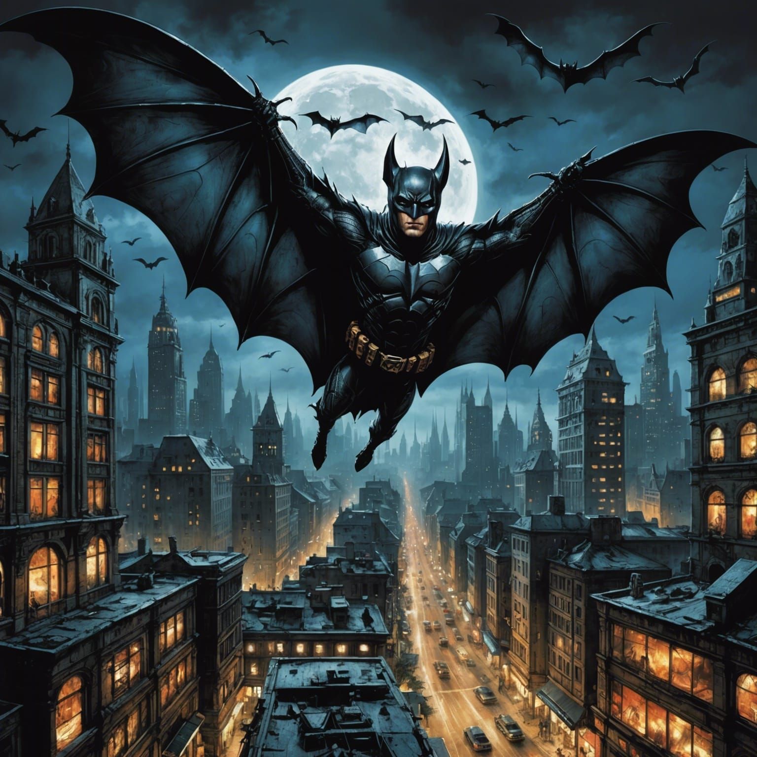 Cybernetic Bat Soaring Through City at Night