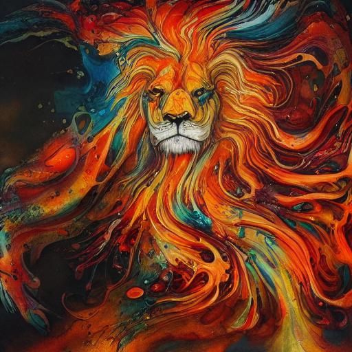 Ethereal Ghost Lion Masterpiece in Liquid Ink Splatter Art