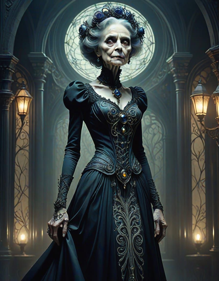 Elder Woman in Shimmering Art Nouveau Dress, Tim Burton Styl...