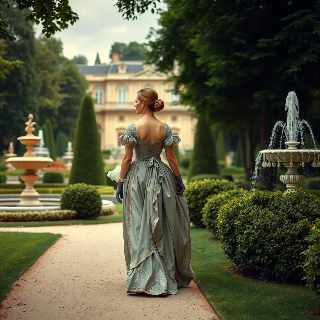 Elegant Woman in Versailles Gardens, Rococo Style