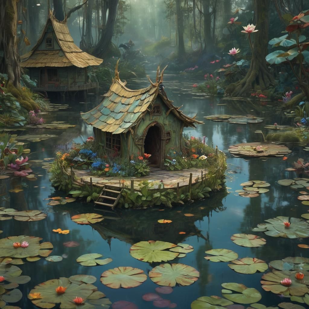 Fantasy Hut Sinking with Dancing Children and Dragon