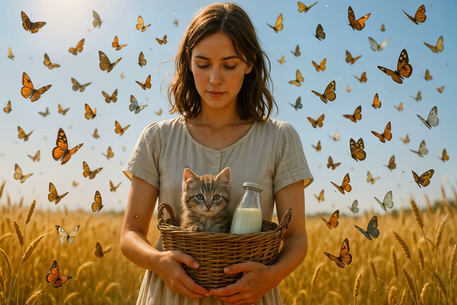 Sunlit Meadow: Woman, Kitten, and Butterflies