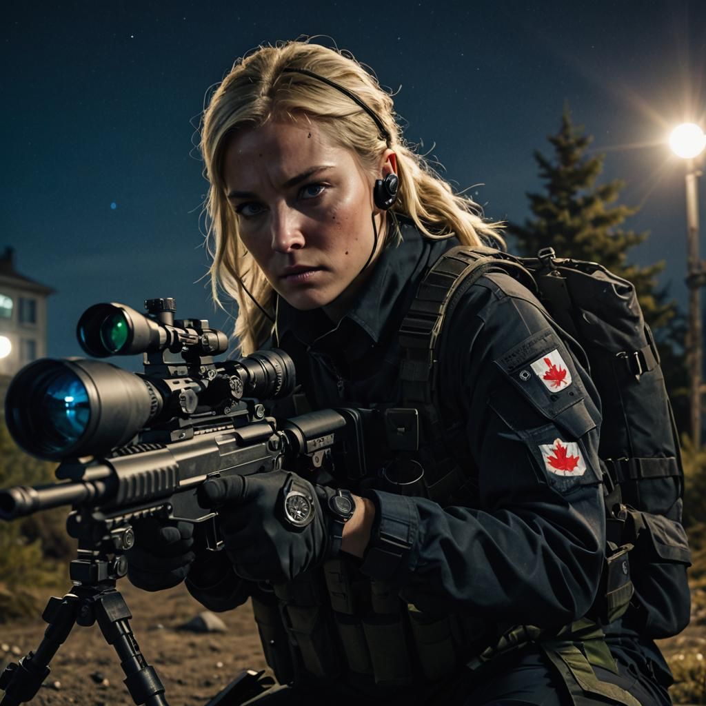 Female Sniper in Tactical Gear at Night