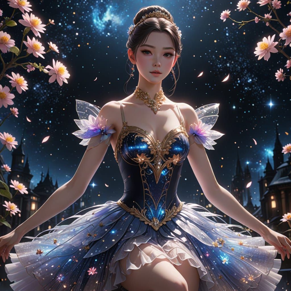 Ballerina in Sparkling Flower Dress Amidst Cosmic Wonders