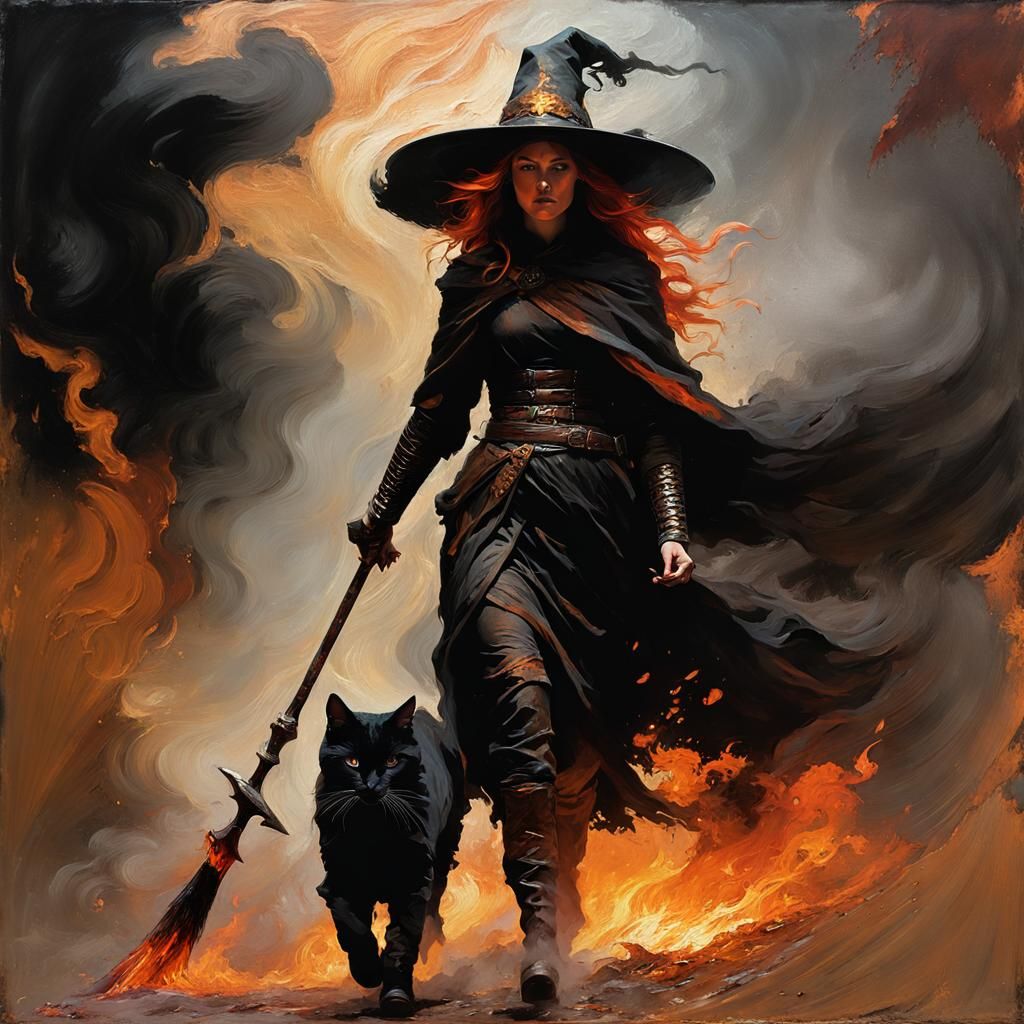Fire Witch and Cat in Impasto Style