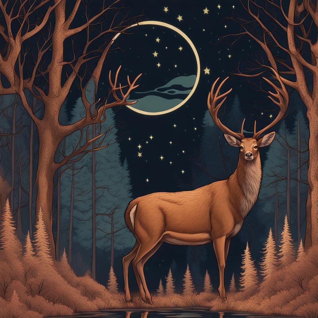 Majestic Deer in Moonlight Forest