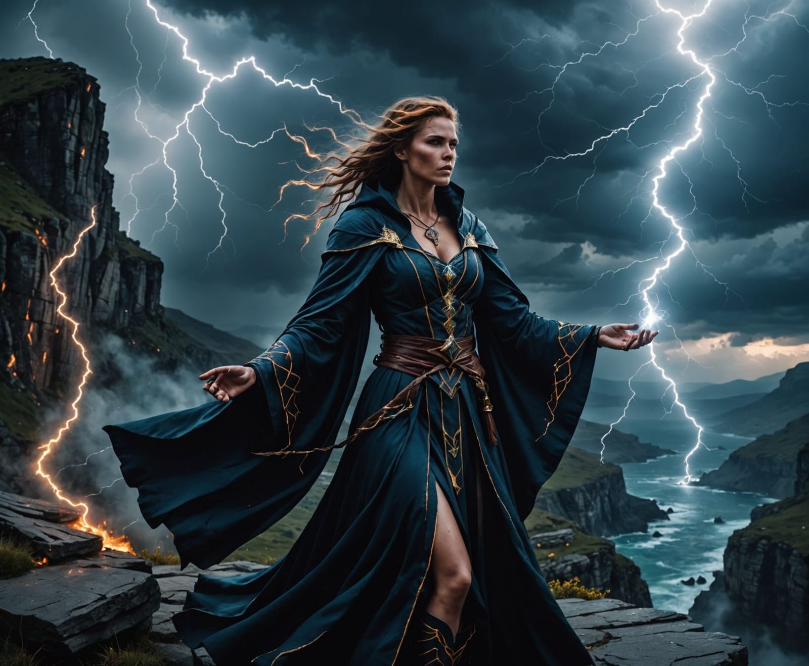 A powerful sorceress summoning lightning from a dark sky on ...