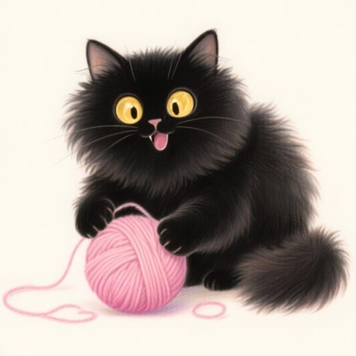 Cute Fluffy Black Cat Playing With Pink Wool